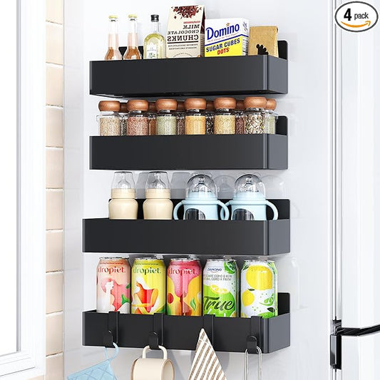 Mystozer Magnetic Spice Rack for Refrigerator, Kitchen Organizer and Storage Shelf, Black (4 Pack)…