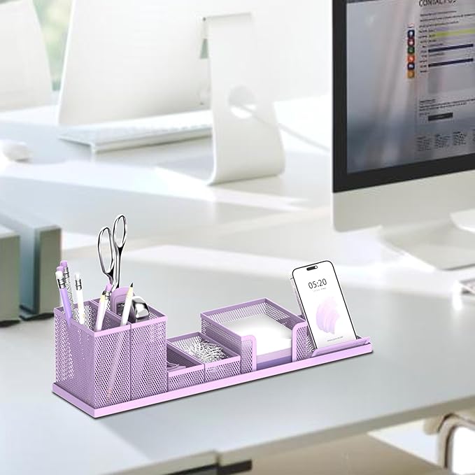 Pen Holder for Desk, 6-Piece Mesh Desk Organizer with Phone Holder, Purple | 6-Piece Black Mesh Desk Set Includes Pen Cups, a Sticky Note Caddy and Phone Holder for Office, School, Home