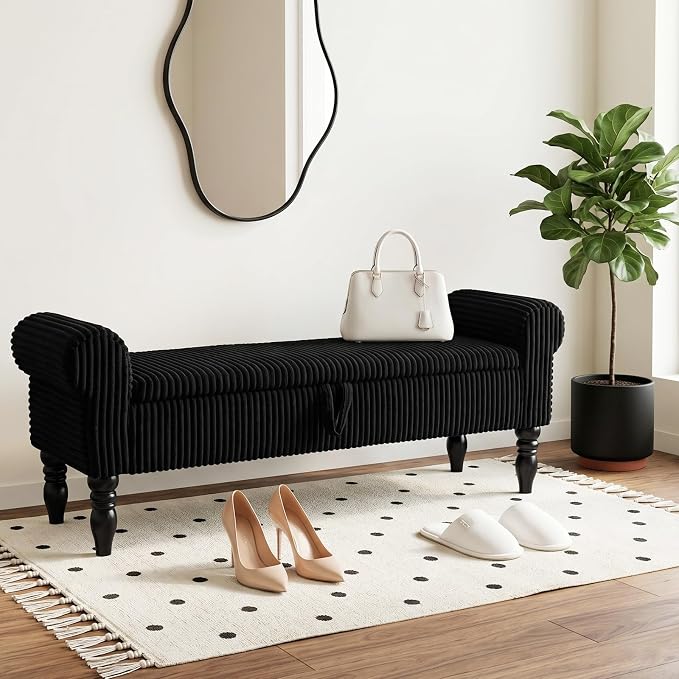 60" Corduroy Storage Bench, Queen End of Bed, Black | Corduroy Upholstered, Bedroom/Entryway/Closet, Storage Ottoman Bench, Window Seat, Lift-Top, Tufted Button, Solid Wood Legs.