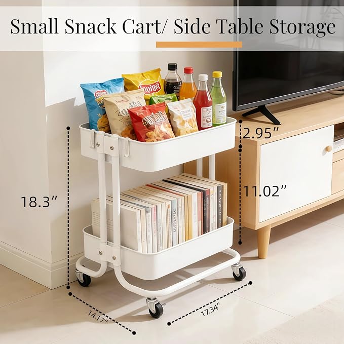2 Tier Under Desk Storage Cart with Wheels Heavy Duty Metal Short Rolling Pantry Storage Cart for Small Space, Utility Trolley for Kitchen Bathroom Laundry Cute Snack Craft Organizer, White