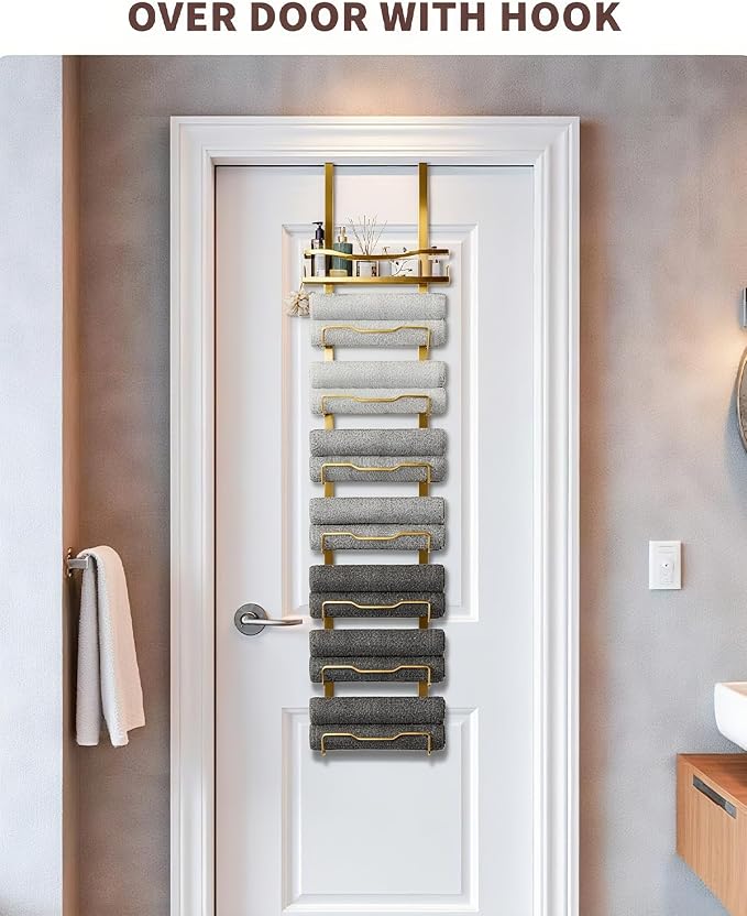 Aetyord Hanging Towel Racks for Bathroom Storage | 8-Tier Over The Door Bath Towel Storage Organizer with Metal Shelf Basket for Small Bathrooms RV Camper Gold
