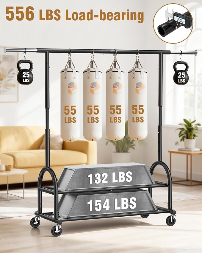 EAGMAK Heavy Duty Clothes Rack for Hanging Clothes Load 556 LBS, Height Adjustable Rolling Clothing Racks, Portable Metal Coat Rack Garment Wardrobe with Wheels and Shelves for Bedroom Laundry, Black