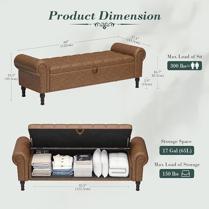 Apicizon 60” Bench with Storage, Upholstered Tufted Button Bedroom Bench with Storage, Faux Leather Ottoman Bench for Bedroom, Living Room, Entryway, Yellow Brown