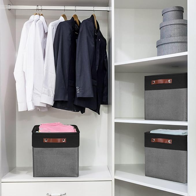 Bagnizer Collapsible Fabric Storage Cubes 11x11 Cube Storage Bins, 4 Pack Closet Baskets Box with Handles for Organizing, Shelf, Toys, Clothes, Home, Office, Nursery (Grey&Black)