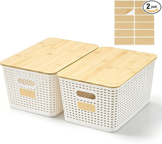 Bagnizer 2 Pack Tall Plastic Storage Bins with Bamboo Lids, 10.8qt Stackable Storages Baskets for Organizing Desktop Closet Playroom Classroom Office, 12"L x 8.3"W x 6.1"H, Cream White