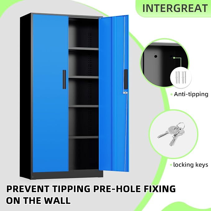 INTERGREAT Metal Storage Cabinet, 72" Locking Steel Cabinets with 2 Door and 4 Adjustable Shelves, Tall Metal Cabinet for Home Office, Garage, Warehouse, Black+Blue