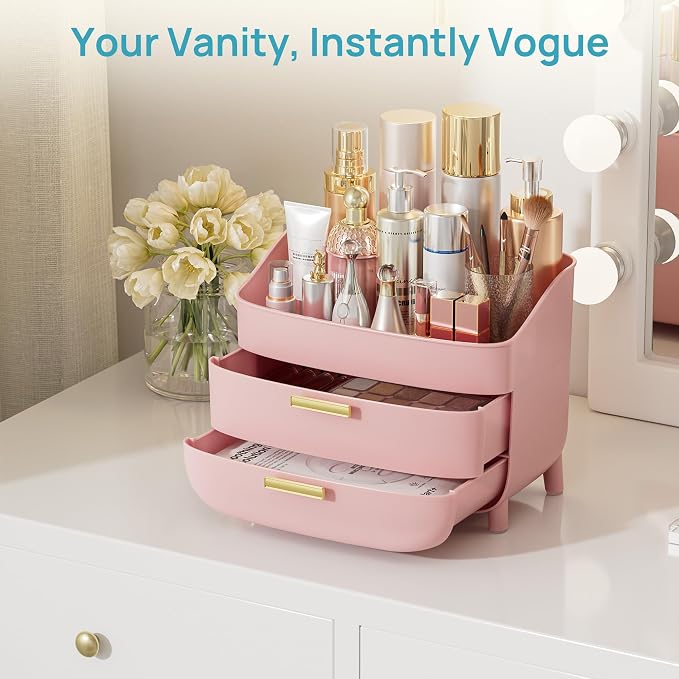Vtopmart 3-Tier Skincare Makeup Organizer, Pink | With Drawers, For Vanity and Bathroom Countertop, Large Cosmetic Storage Box Case for Dresser, With Non-Slip Base