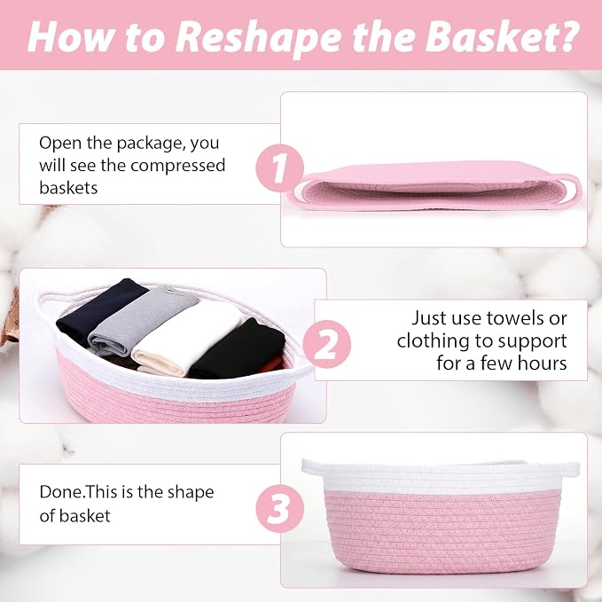 woric Baby Gifts Basket 12 x 8 x 5 in Woven Basket Rope Baskets | Soft Cotton for Wedding Gifts Empty Baby Shower Toy Storage Girls Birthday (Pink with Gift Bag Card Ribbon Tissue Paper)