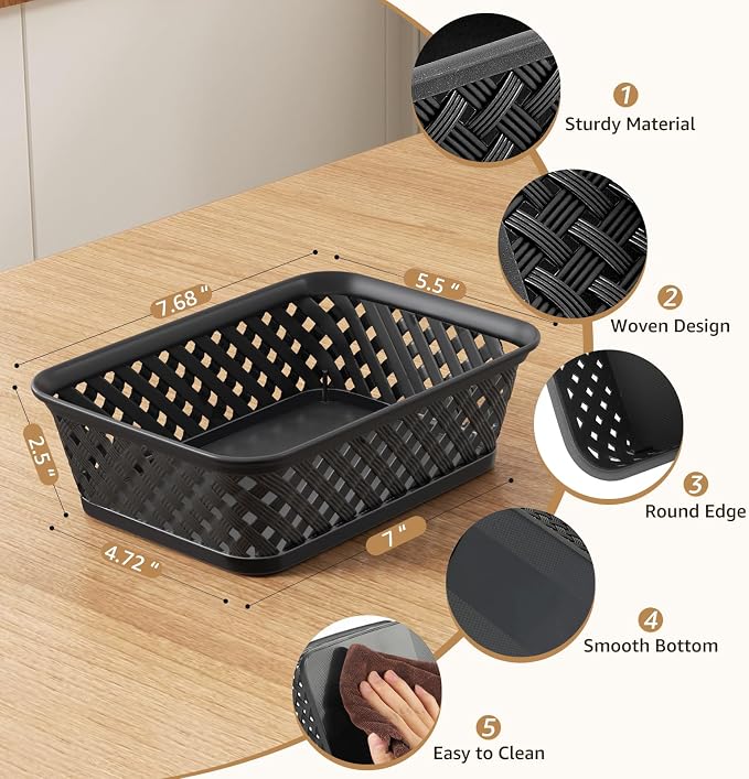 MaxGear 3 Pack Plastic Storage Baskets, Small, Black | Durable Woven Plastic with Built-In Handles, Suitable for Shelves, Closets, Cabinets, Bathrooms and Offices