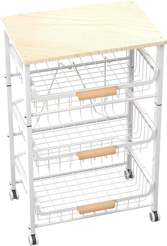 NiuYichee 4-Layer Fruit Basket Kitchen Food Storage Organizer and Storage Rack, Stackable Storage cart with Desktop, Pull-Out Hollow Metal Storage Basket, liding Out Storage,White