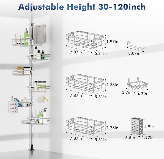Shower Caddy Corner Tension Pole,Stainless Steel Shelves Bathroom Organizer | Rustproof 6-Tire Shelf, Adjustable 30-120 Inch Storage, Towel Bar & Soap Dish & Toothbrush Holder Rack