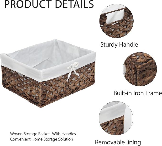 Rectangular Woven Seagrass Storage Bin with Handle,Kingwillow. (water hyacinth, Large)