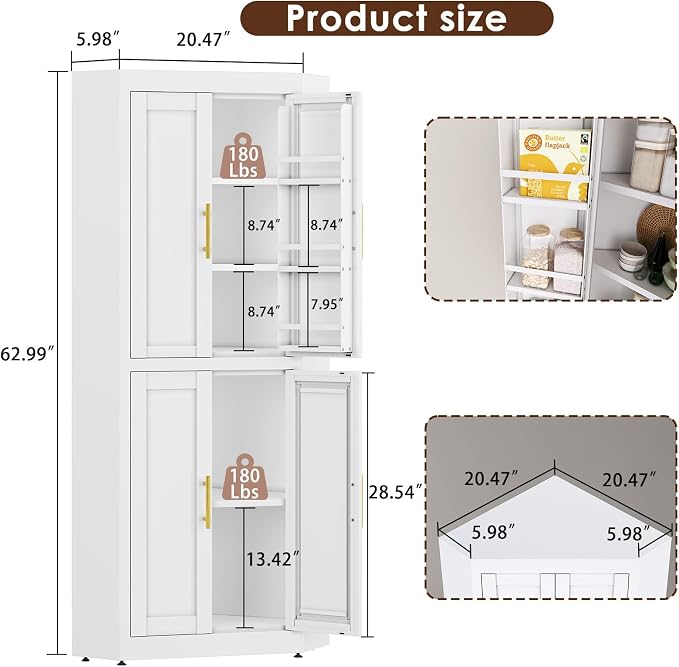 Farmhouse Corner Cabinet, 63" Tall Corner Storage Cabinet with 4 Doors & 3 Adjustable Shelves, Free Standing Storage Cabinet for Living Room, Kitchen, Bathroom, White