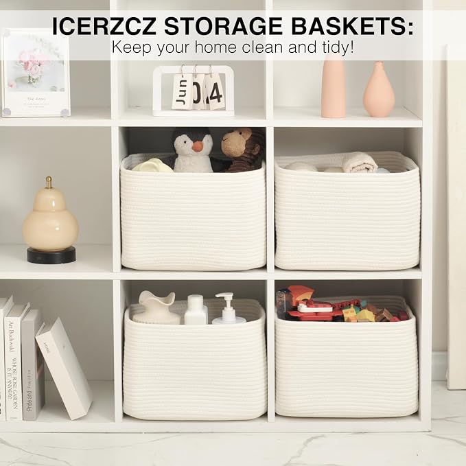 ICERZCZ Storage Baskets for Organizing & Shelves, Woven Cotton Rope Organization Bins for Dog Toys, Clothes, Books, Nursery Organizer, 15"Lx11''Wx9.5''H, (4 Packs) Off White