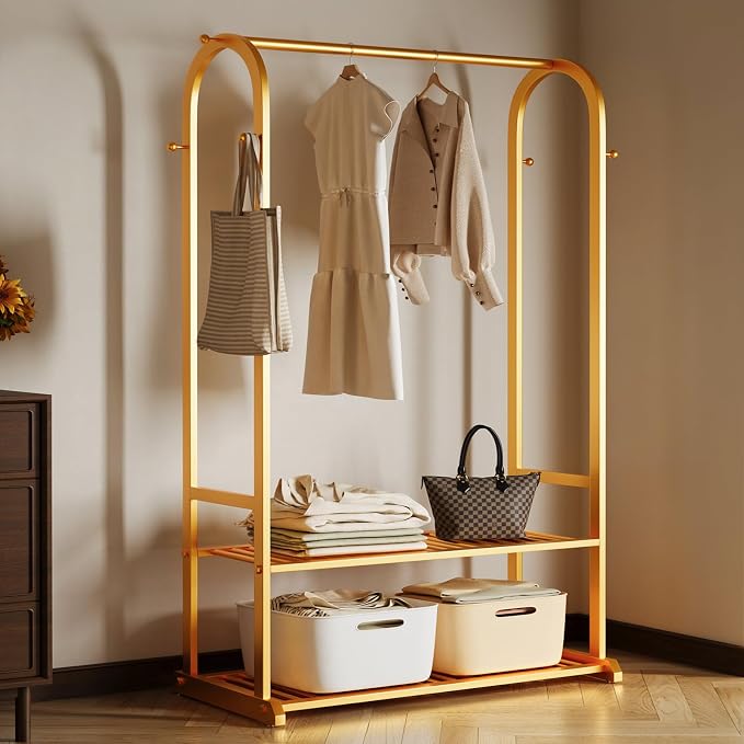 Gold clothing rack with bottom Storage shelves and 6 side hooks,Sturdy metal clothes rack for Hanging Clothes,Modern garment rack Wardrobe Rack for Bedroom or Boutique
