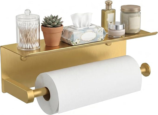 FORIOUS Wall Mount Paper Towel Holder with Shelf for Kitchen, Brushed Gold | Heavy Duty SUS304 Stainless Steel Paper Roll Organizer with Storage Spice Shelf, Screw-in for Bathroom, RV & Garage