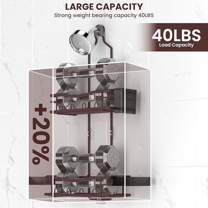 Rustproof Shower Caddy Hanging with Soap Holders for Bathroom, Bronze | Shower Organizer with Multi Hooks Toothbrush Holder, No Drilling, Anti-Swing, Storage for Shampoo Conditioner Body Wash