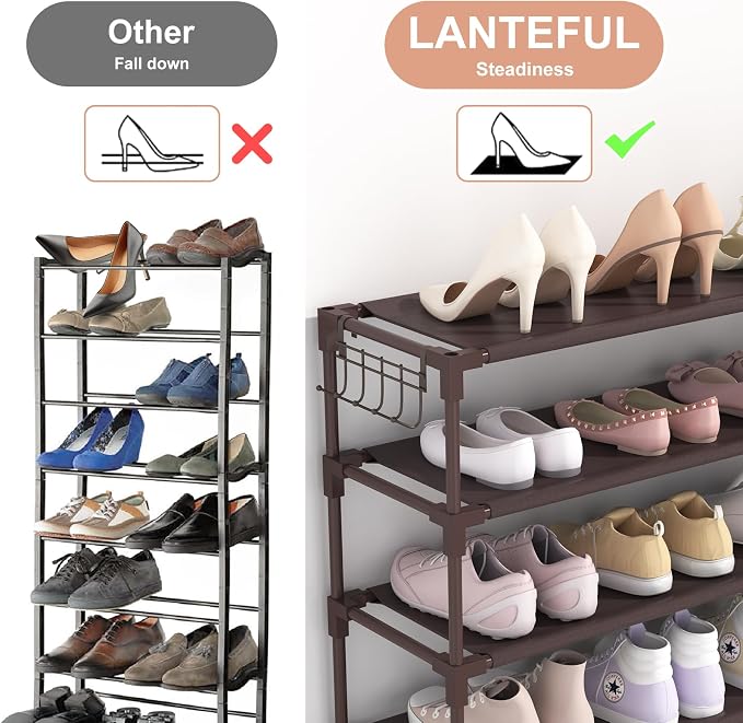 LANTEFUL 10 Tiers Shoe Rack 50 Pairs Large Capacity Tall Shoe Organizer Sturdy Shoe Storage with Two Hooks Space Saving Metal Wide Shoe Rack for Closet, Entryway, Bedroom, Brown