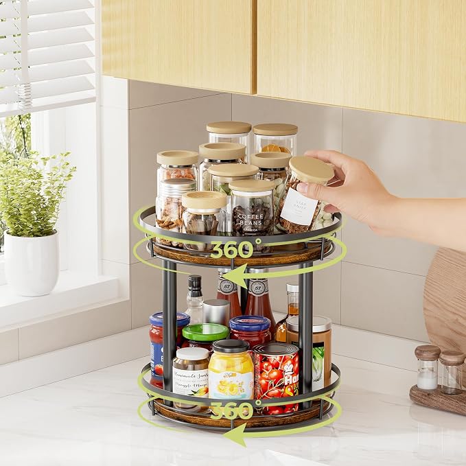 LAMU 10'' Wood Lazy Susan Spice Rack Organizer, 2 Tier Spice Organization for Cabinet, Countertop, Kitchen, Table Top, Pantry, Condiment and Seasoning Rack Organizer