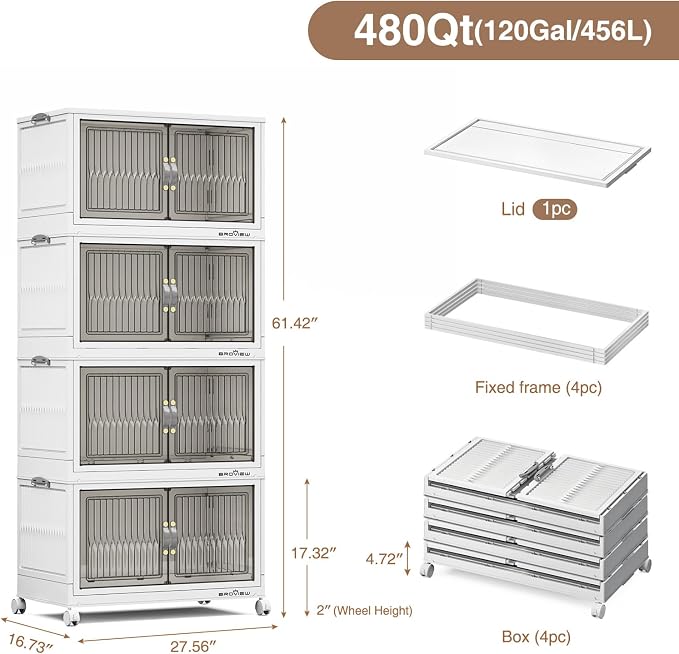 BROVIEW 480 Qt Stackable Storage Bins with Lid, Plastic Closet Organizers and Storage Drawer, Collapsible Storage Box with Wheels, Folding Storage Cabinet for Closet Clothes Organization, 4Pack White