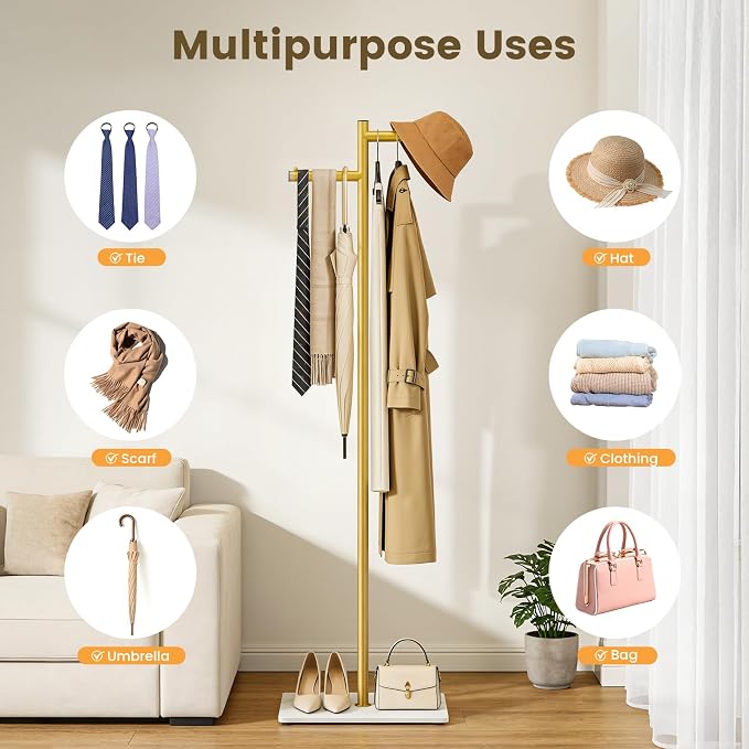 Metal Freestanding Coat Rack, 68.9"H Z-Shaped Coat Tree with Natural Rock Base, Modern Clothes Hanger Stand for Coats, Hats, Bags & Scarves, Ideal for Entryway, Bedroom, Office & Living Room