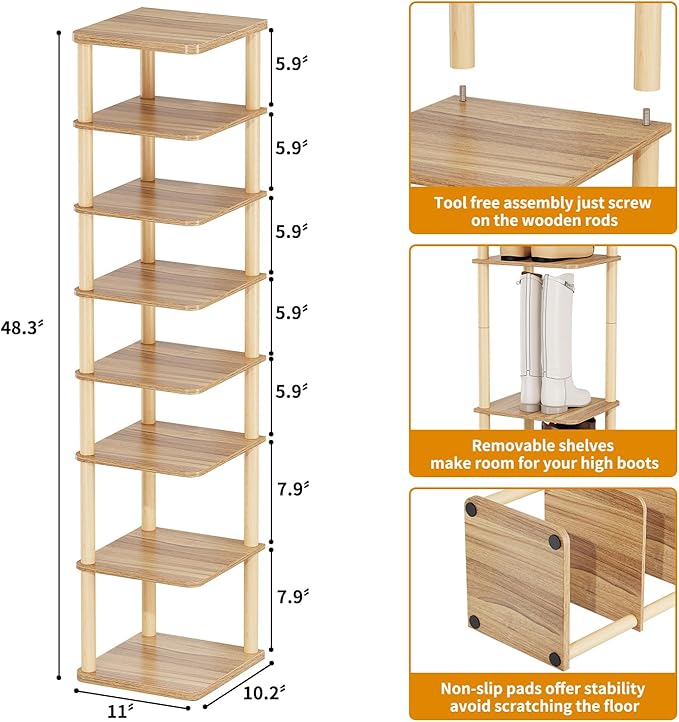 8 Tiers Vertical Shoe Rack, Tall Narrow Shoe Tower Corner Shoe Rack, Walnut | Small Shoe Organizer for Entryway, Closet, Dorm & Small Spaces, Freestanding Wooden Shoe Shelf for Boots, Sneakers, Heels.