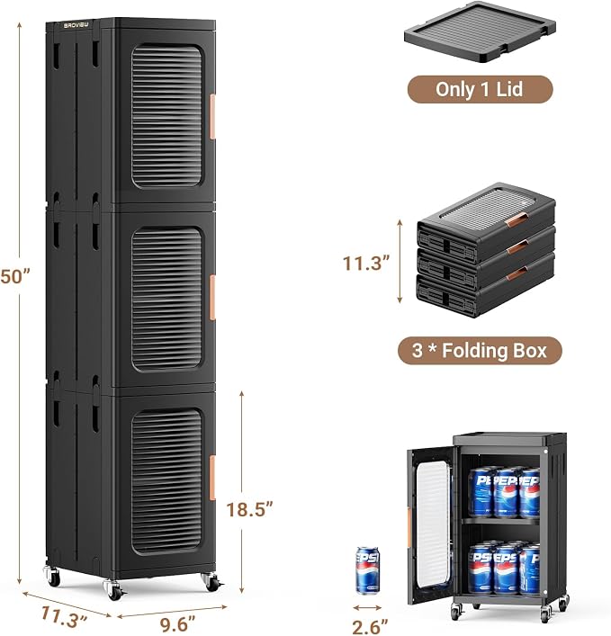 BROVIEW 3-Tier Tall Narrow Storage Cabinet Organizer, Slim Bathroom Cabinets with Adjustable Shelves and Doors, Plastic Kitchen Pantry Organizers and Storages for Small Space, Laundry, Black