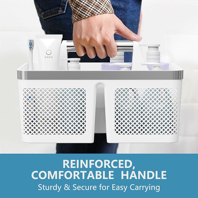 BYUNER 2Pack Shower Caddy Dorm: Portable Bathroom Caddy Organizer with Handle and Holes, Plastic Cleaning Caddy, Hard Shower Basket Storage Tote for Toiletry, College Dorm Room Essentials White/Silver