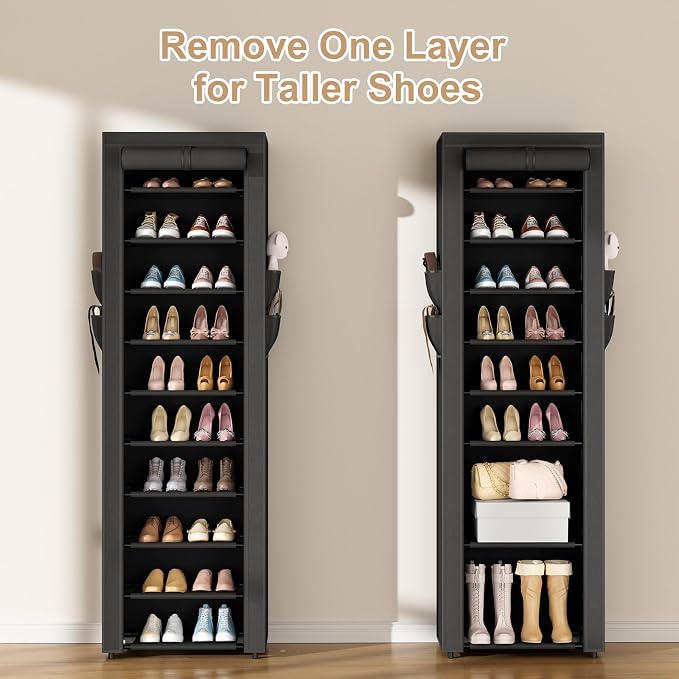 ROJASOP Shoe Rack with Covers 10 Tier Large Shoe Organizer Tall Shoe Closet Storage for 20-22 Pairs Shoe and Boot, Free Standing Shoe Rack Organizer for Closet, Entryway, Bedroom, Black