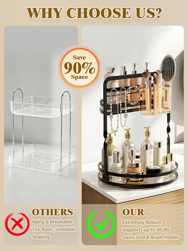 360 Rotating Makeup Vanity Organizer,Black 2-Tier Perfume Organizer | Bathroom Countertop Organizer, Lazy Susan Vanity Tray Spinning Skincare Storage with Jewelry Hooks & Makeup Brush Holder
