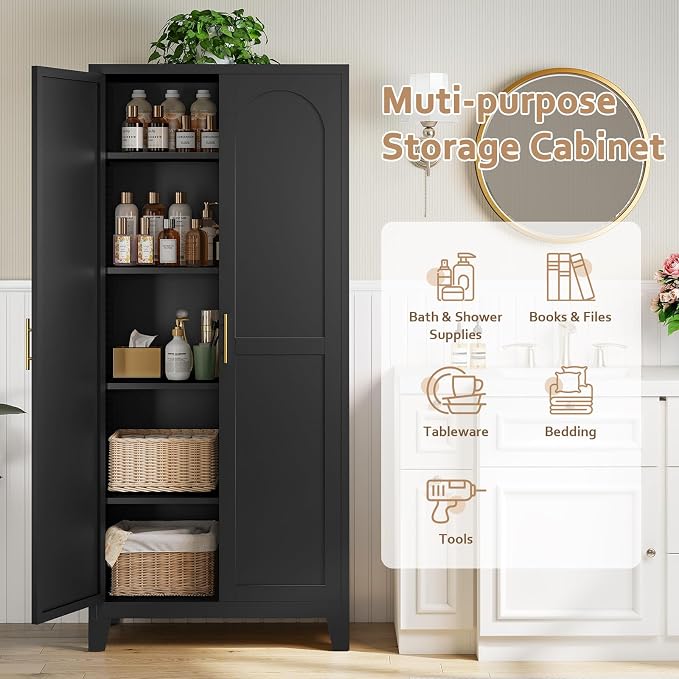 Zevemomo 71" Metal Pantry Cabinet, Tall Metal Storage Cabinet for Kitchen | Steel Cabinet with 2 Doors and 4 Adjustable Shelves, Freestanding Cupboard for Kitchen, Bathroom, Dinning Room or Laundry