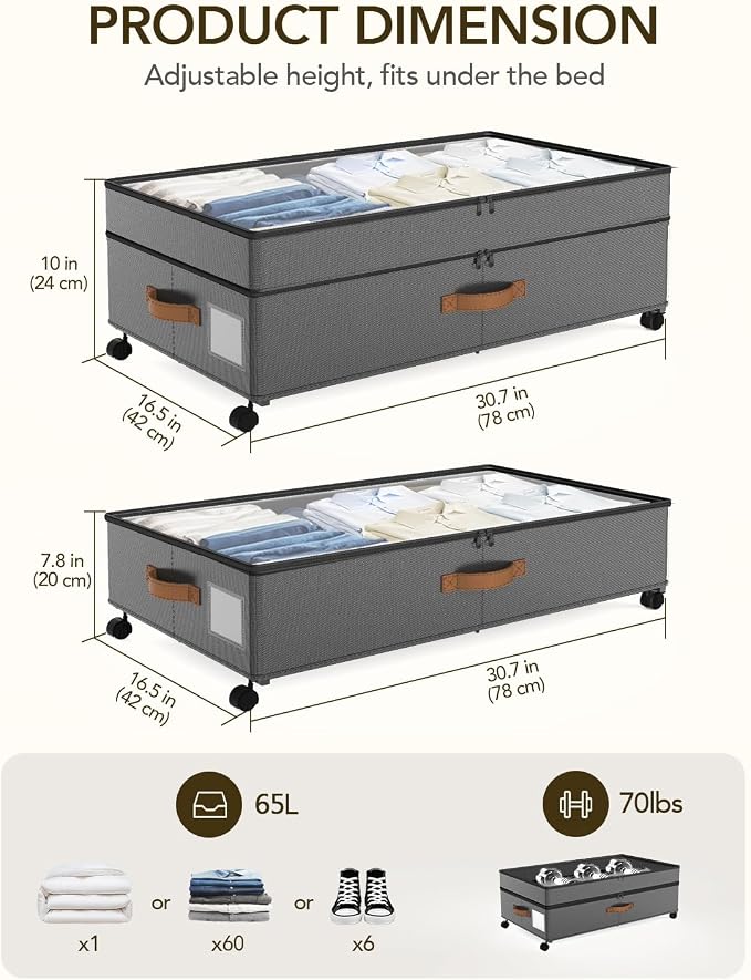 Under Bed Storage with Wheels, 10 inches Under Bed Storage Containers, 65L XXL Large Adjustable Underbed with Lids, Rolling Underbed Storage bins for Shoes, Clothes, Blankets, Grey