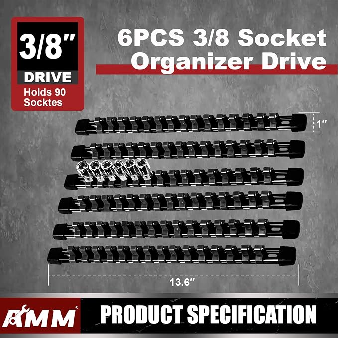 AMM 6-Piece Socket Organizer，3/8 inch Drive ABS Tools-Socket Holder，Heavy Duty Socket Racks，Premium Quality Socket Clip Rail Holder，The best tool trays in the garage