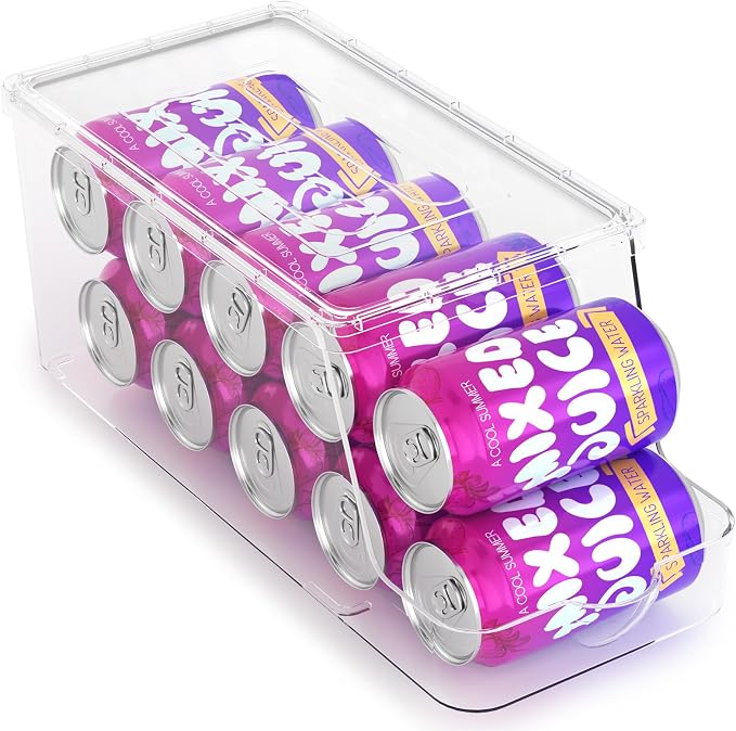 theaoo Soda Can Dispenser for Refrigerator with Lids, Stackable, 1 Pack | Clear Drink Organizer With Lids For Refrigerator Storage. Pantry Organizers And Storage For Fridge And Kitchen Cabinets
