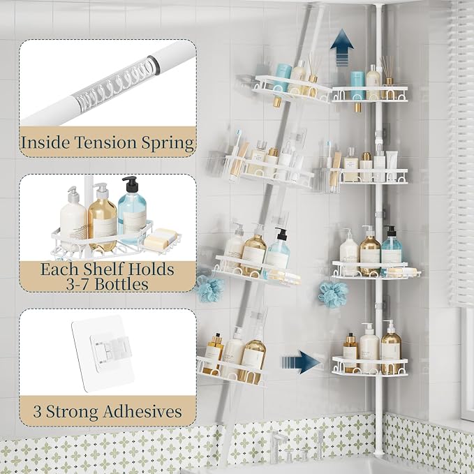 Consumest Shower Caddy Tension Pole - 4 Tier Corner Shower Shelves with Brush & Soap Holder, 304 Stainless Steel Rustproof Adjustable Organizer Rack for Bathtub, Bathroom, 27.6-108.3 Inch, White