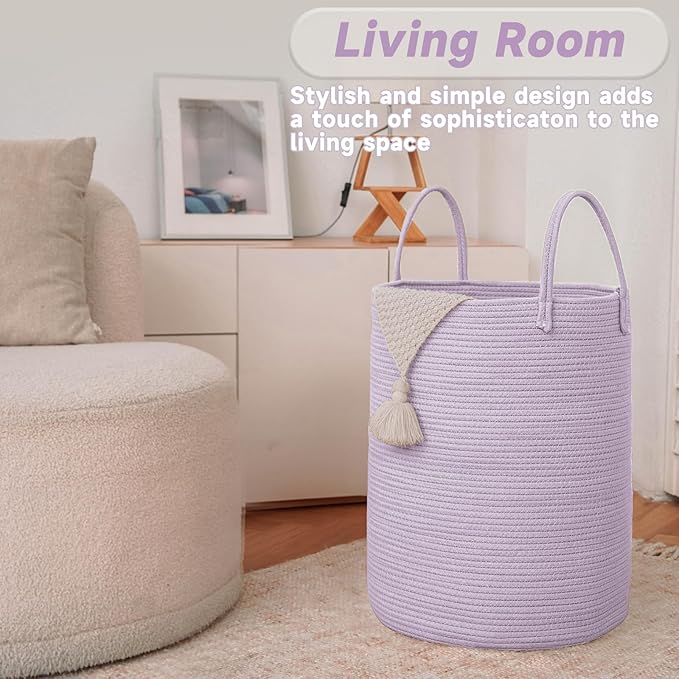 JMvicyroam 80L Cotton Rope Laundry Basket Hamper, Purple | Collapsible laundry basket, reinforced handles, freestanding, machine washable, holds 3-5 thick blankets, clothes or toys