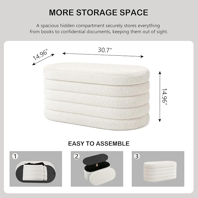 GLAXYFUR Oval Storage Ottoman Bench, 30 Inches Entryway Shoe Seat | Upholstered Ottoman with Storage, End of Bed Stool Blanket Chest, For Living Room, Hallway, Sherpa White
