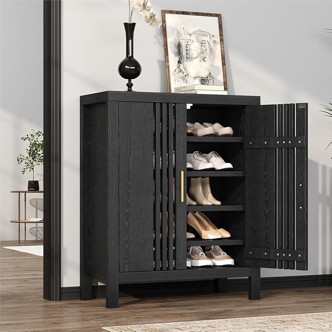 UNIQUITE Wooden Shoes Cabinet with Adjustable Shelves, Retro Freestanding Shoe Organizer Cabinet for Entryway Hallway Living Room, 5-Tier Shoe Cabinet with Doors for 20 Pairs, Black