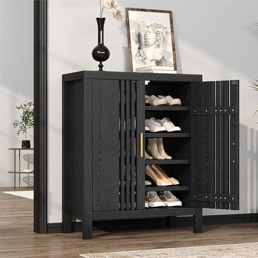UNIQUITE Wooden Shoes Cabinet with Adjustable Shelves, Retro Freestanding Shoe Organizer Cabinet for Entryway Hallway Living Room, 5-Tier Shoe Cabinet with Doors for 20 Pairs, Black