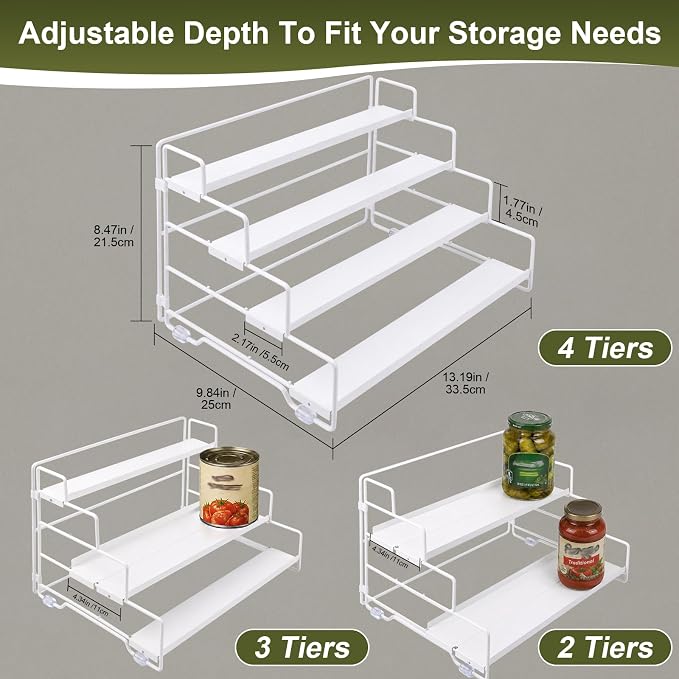 4 Tier Adjustable Spice Rack Organizer for Cabinet & Countertop | Adjustable-Depth Shelves, Tiered Visible Display, Raised Edge Guard, Vertical Space Saver, Metal Construction, White