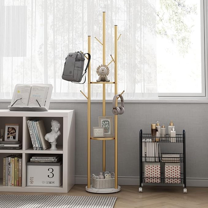 TIEOU Metal Coat Rack, Gold Coat Racks Freestanding with Shelves and Marble Base, Coat Tree with 9 Hooks for Scarves, Bags, Modern Coat Rack Stand for Entryway, Living Room, Bedroom, Easy Assembly