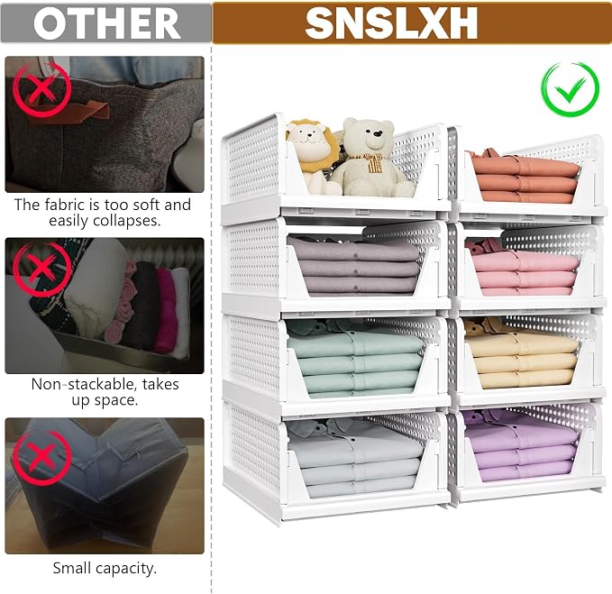 SNSLXH 5 Pack Stackable Closet Storage Basket, Multifunctional & Foldable Closet Organizer for Bathroom Kitchen Laundry Room Wardrobe Storage, Space-Saving Clothes Storage Drawer Organizer, White | 5 Pack Foldable Closet Storage Bins for Bathroom Laund...