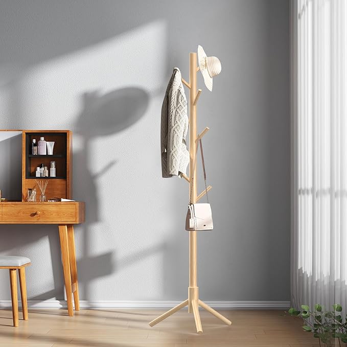 Aliphon Wooden Coat Rack Stand, Freestanding Coat Rack with 8 Hooks, 3 Adjustable Size Coat Tree for Hats, Coats, Scarves bags, Coat Hanger Stand Used in Bedroom/Office/Entryway (Natural)