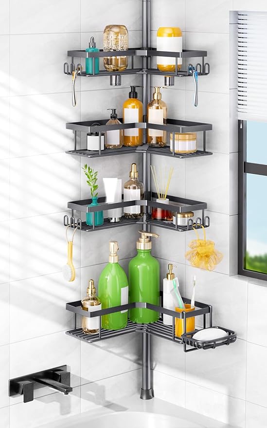 HAMITOR Corner Shower Caddy Tension Pole: 4-Tier Rustproof Bathroom Shampoo Organizer Shelf with Soap Holder - No-Drill Adjustable Standing Tension Pole Rack for Family - 47-123 Inch Gray