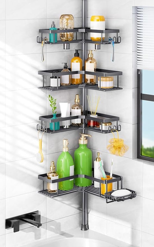 HAMITOR Corner Shower Caddy Tension Pole: 4-Tier Rustproof Bathroom Shampoo Organizer Shelf with Soap Holder - No-Drill Adjustable Standing Tension Pole Rack for Family - 47-123 Inch Gray