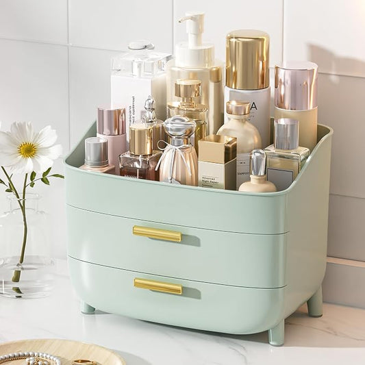 Vtopmart 3-Tier Skincare Makeup Organizer with Drawers, Green | For Vanity and Bathroom Countertop, with Drawers, Large Cosmetic Storage Box Case, , Non-Slip Base