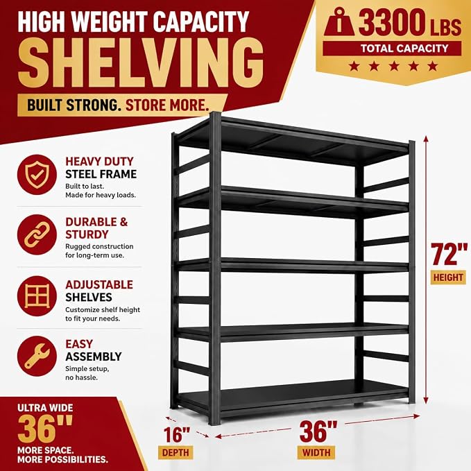 Garage Shelving,2-in-1 Adjustable Storage Shelves with Guard | 3300LBS Capacity Heavy Duty Shelving,Metal Shelf Reinforced Double-Layer Columns for Garage Basement Kitchen Black