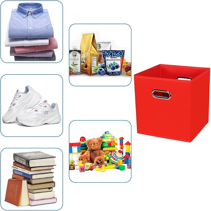 Black Fabric Cubby Storage Bins,13x13x13 Inches ,Cube Organizer Bin Foldable Storage Boxes with Dual Handles Fabric Organizer Box and collapsible Storage basket,Set of 6 ,Red