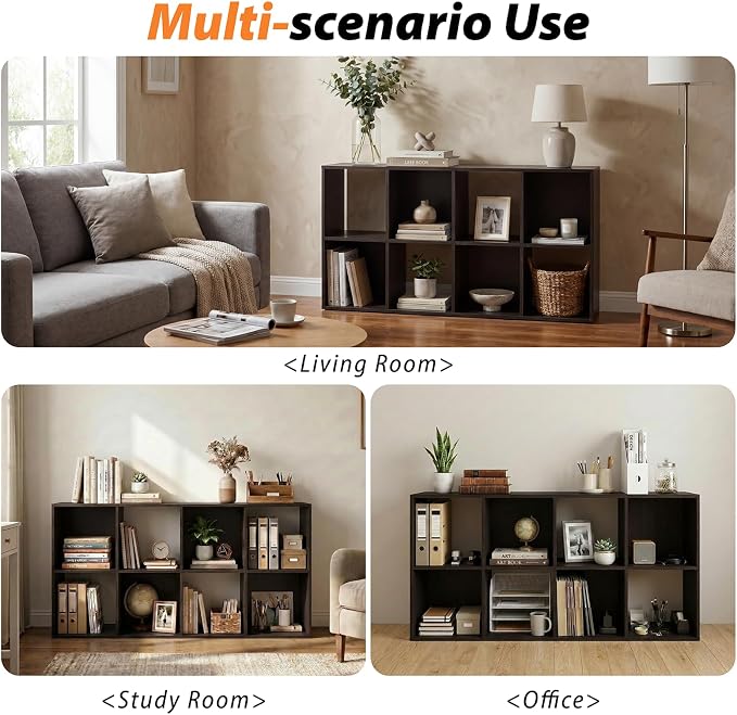 WannabeMyself【Sturdy Build&Easy Assembly】8 Cube Storage Organizer with Anti-Tipping Kits,Reversible Open Back Book Shelf, Bookcase for Living Room,Bedroom,Entrance Hall,Office,24.1×11.4×47.7,Chocolate