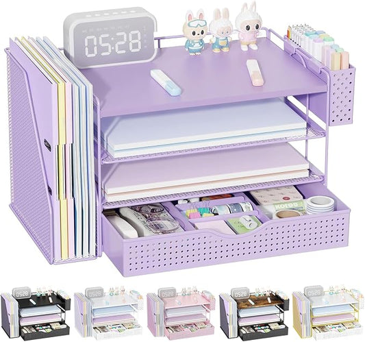 gianotter Wood Desk Organizers and Accessories with File Holder, 4-Tier Desk Accessories & Workspace Organizers with Drawer and Pen Holder, Desk Reference Organizer (Purple, 4T with Drawer)